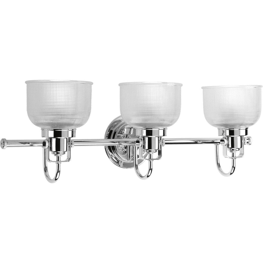 Luminaire de salle de bain côtier à trois lumières, collection Archie, en chrome poli, verre prismatique transparent double - 8,75 x 26,25 x 7,25