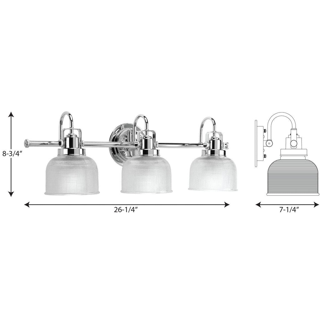 Luminaire de salle de bain côtier à trois lumières, collection Archie, en chrome poli, verre prismatique transparent double - 8,75 x 26,25 x 7,25