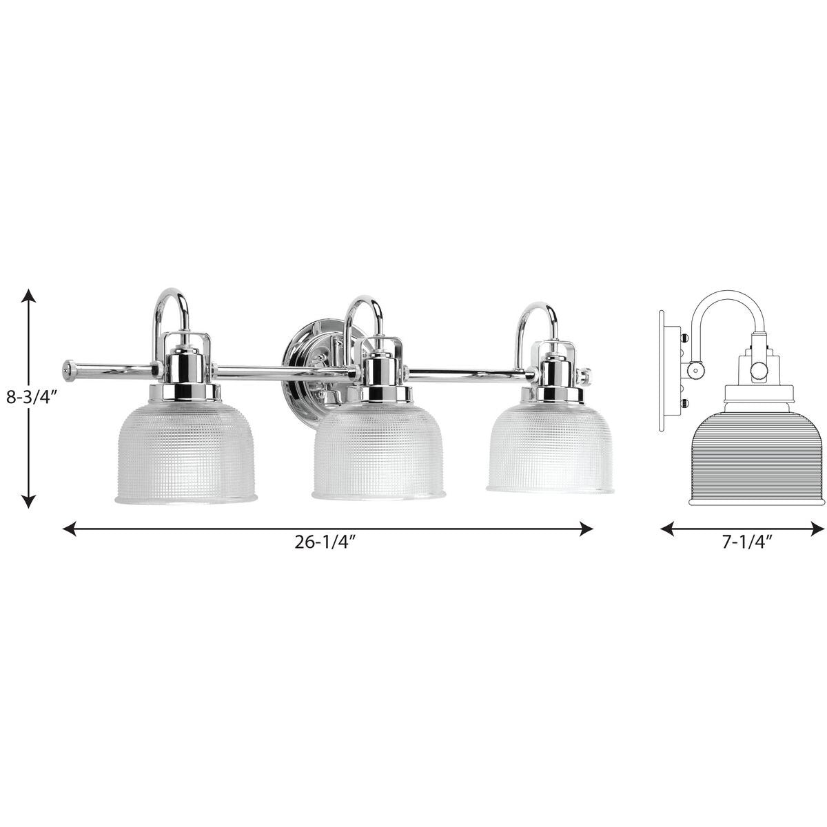 Luminaire de salle de bain côtier à trois lumières, collection Archie, en chrome poli, verre prismatique transparent double - 8,75 x 26,25 x 7,25