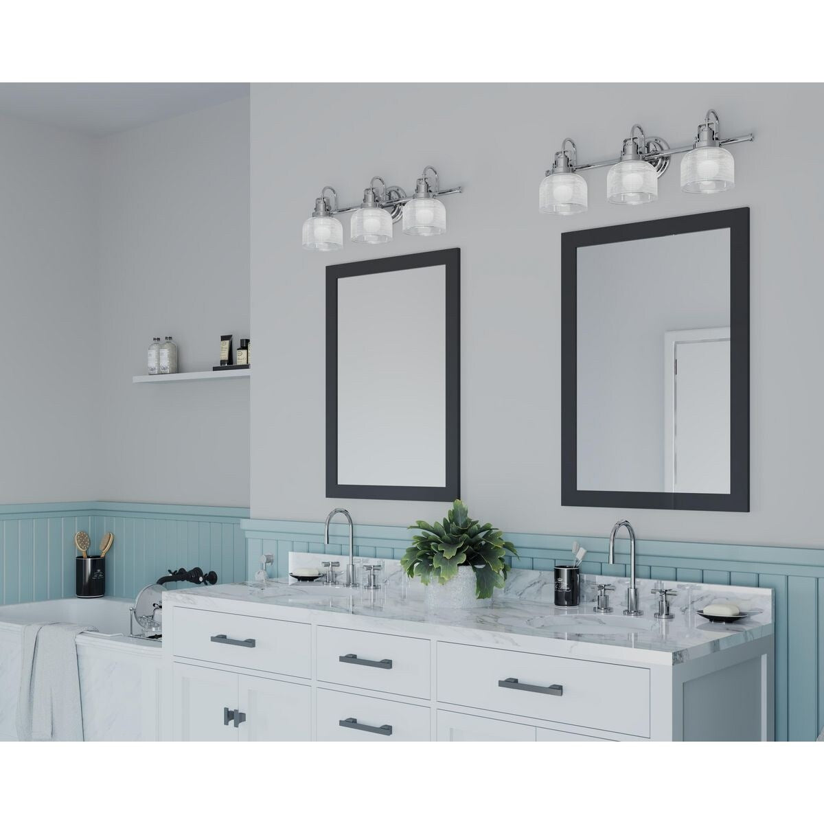Luminaire de salle de bain côtier à trois lumières, collection Archie, en chrome poli, verre prismatique transparent double - 8,75 x 26,25 x 7,25
