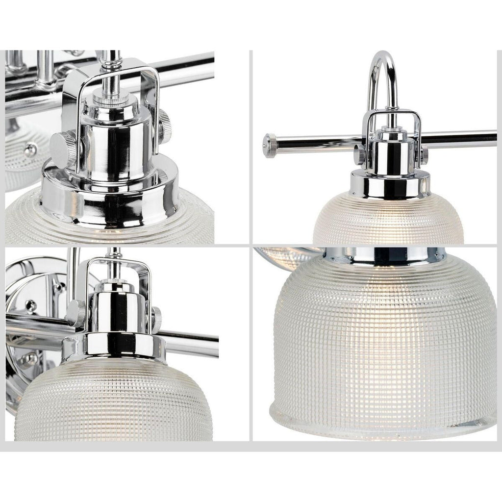 Luminaire de salle de bain côtier à trois lumières, collection Archie, en chrome poli, verre prismatique transparent double - 8,75 x 26,25 x 7,25