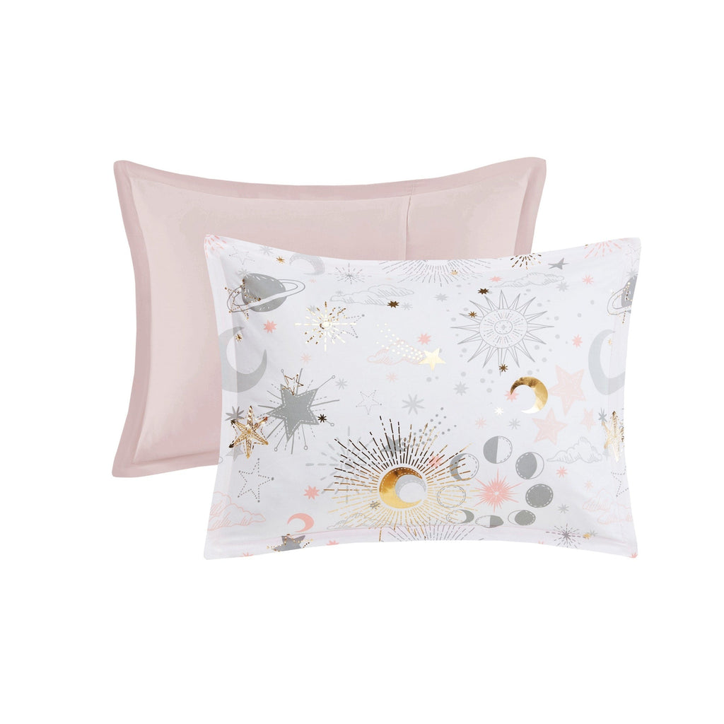 Parure de lit métallique avec coussin décoratif et motif ciel étoilé Ariella pour enfants au design intelligent
