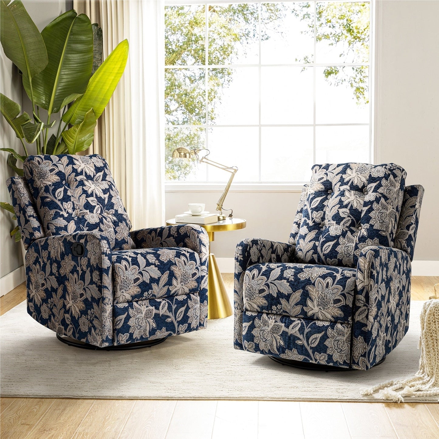 Fauteuil inclinable pivotant manuel Arlette Floral avec dossier capitonné, lot de 2