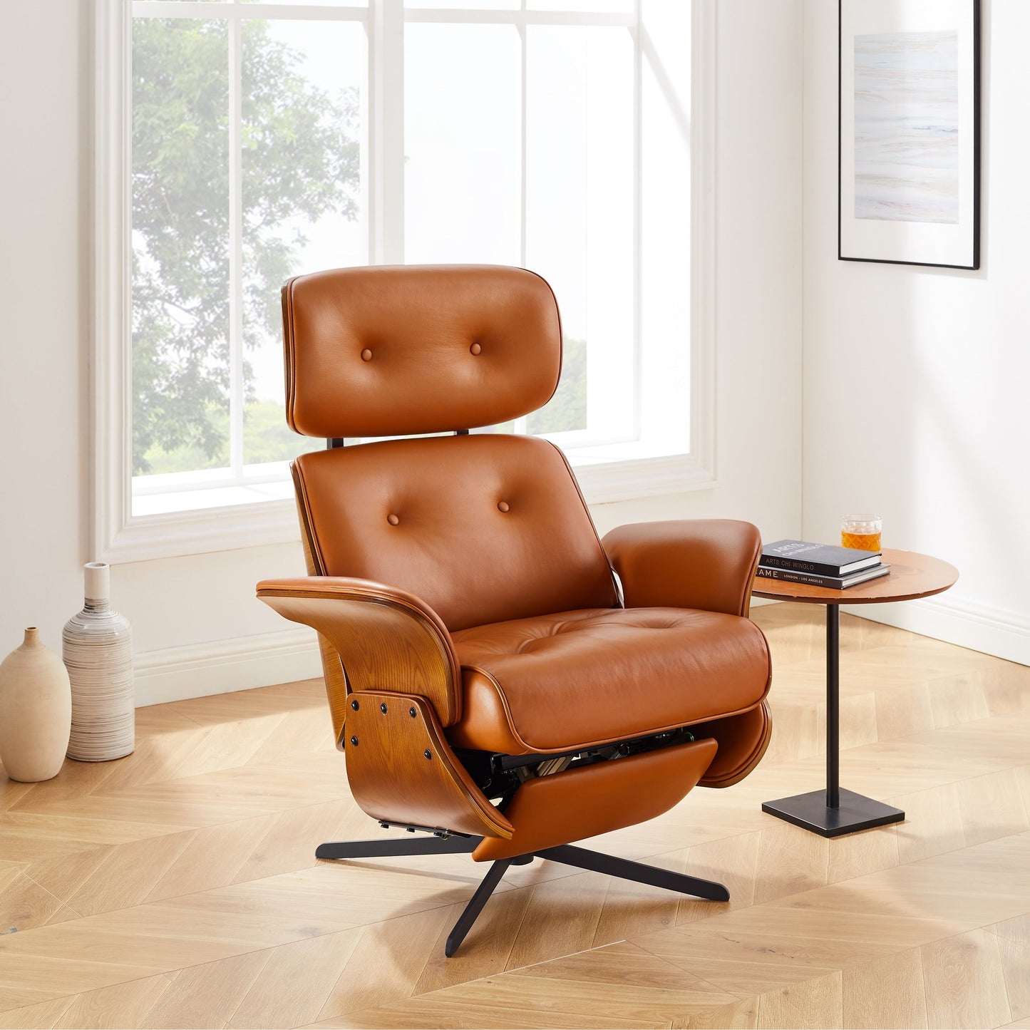 Fauteuil inclinable en cuir véritable Art Leon, style moderne du milieu du siècle