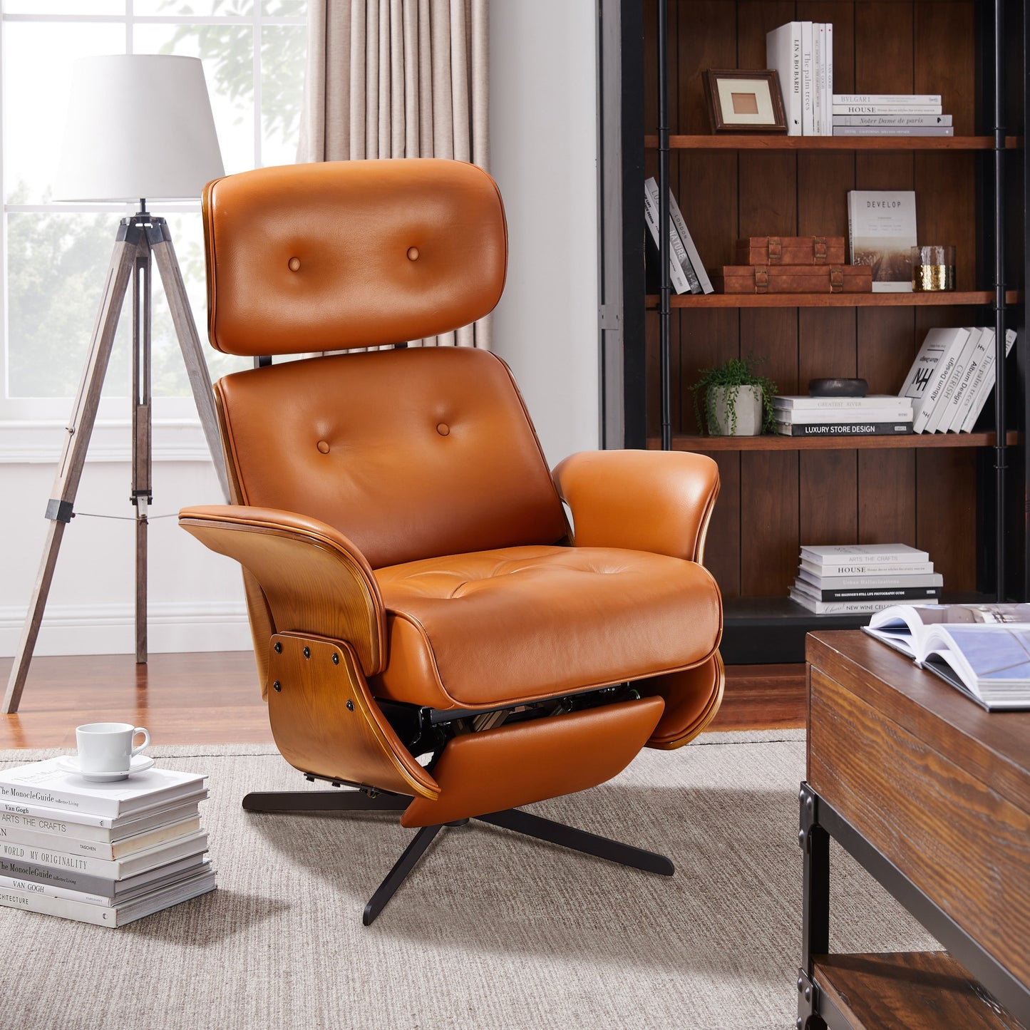 Fauteuil inclinable en cuir véritable Art Leon, style moderne du milieu du siècle