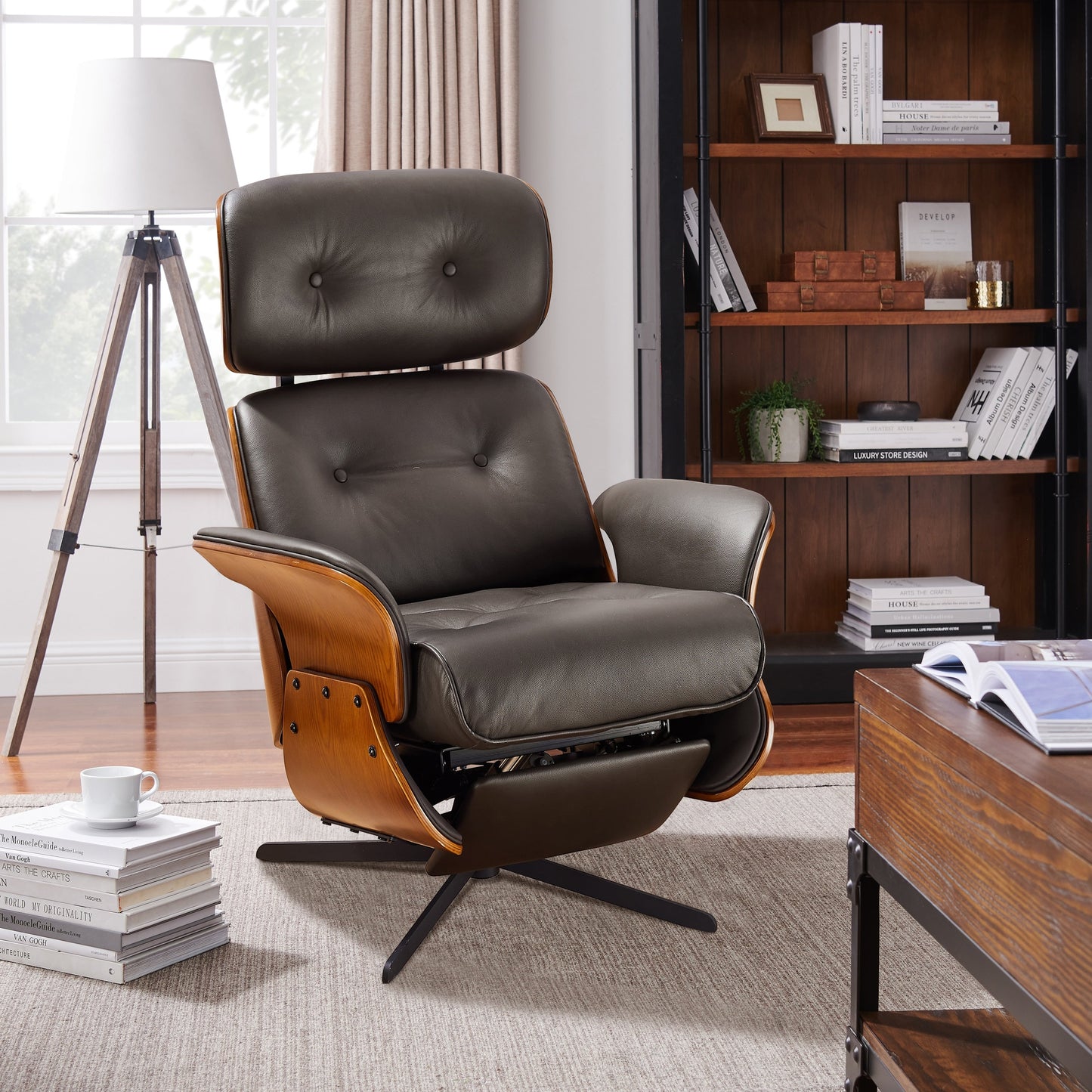 Fauteuil inclinable en cuir véritable Art Leon, style moderne du milieu du siècle