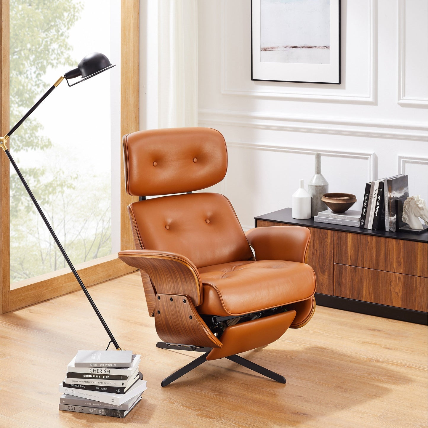 Fauteuil inclinable électrique pivotant en cuir pleine fleur Art Leon