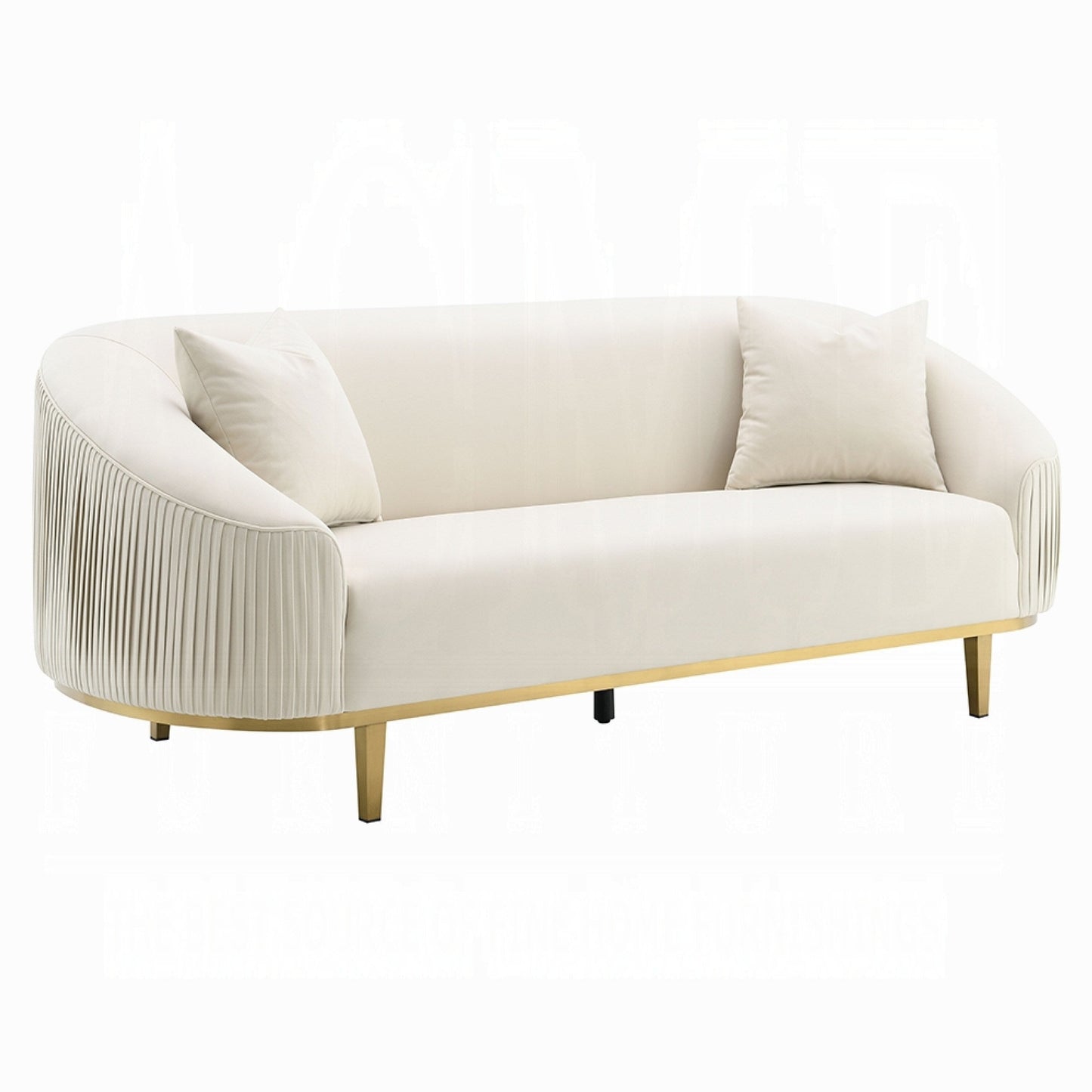 Canapé Artina, 2 coussins décoratifs, velours ivoire, métal doré, 226 cm