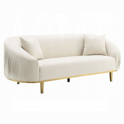 Canapé Artina, 2 coussins décoratifs, velours ivoire, métal doré, 226 cm