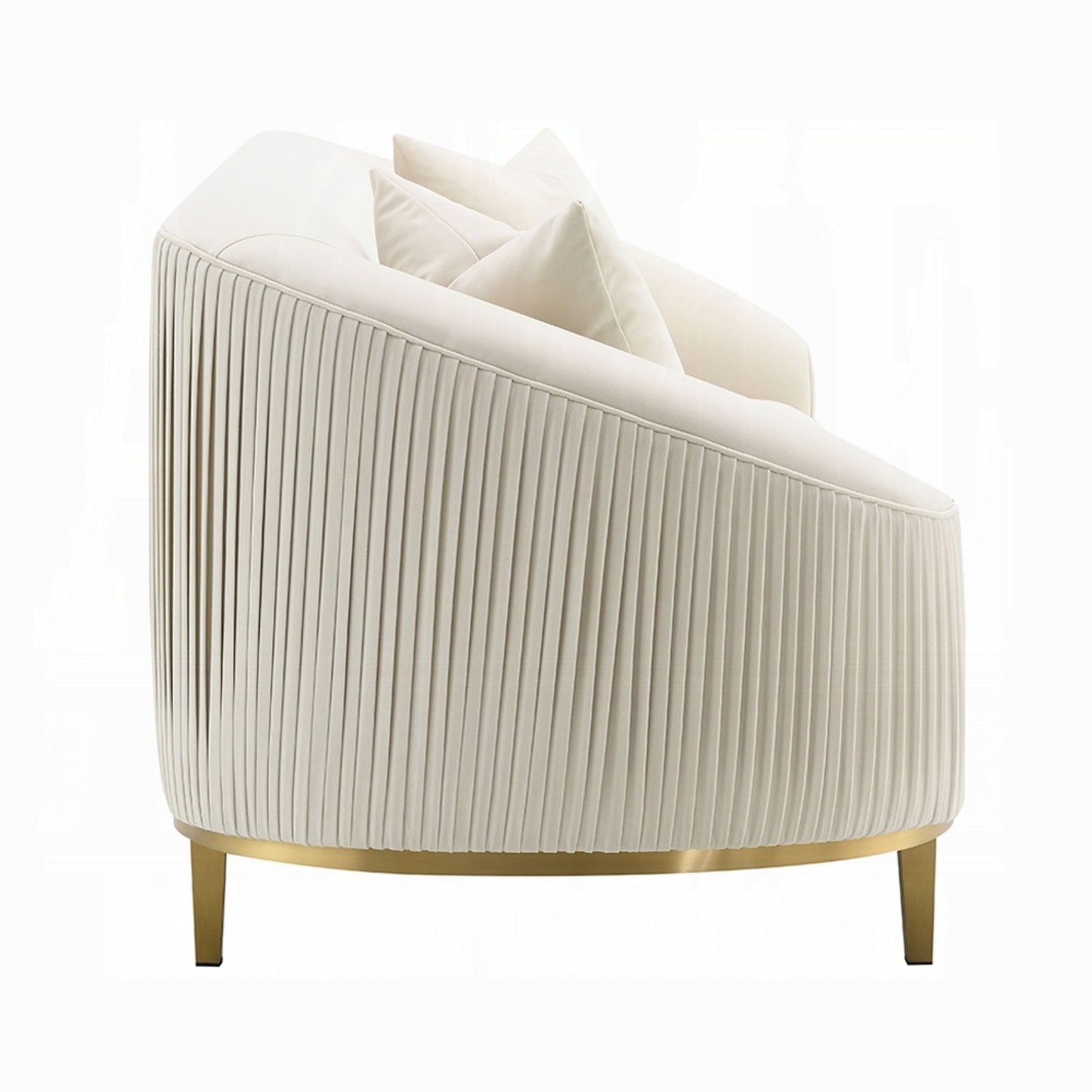 Canapé Artina, 2 coussins décoratifs, velours ivoire, métal doré, 226 cm