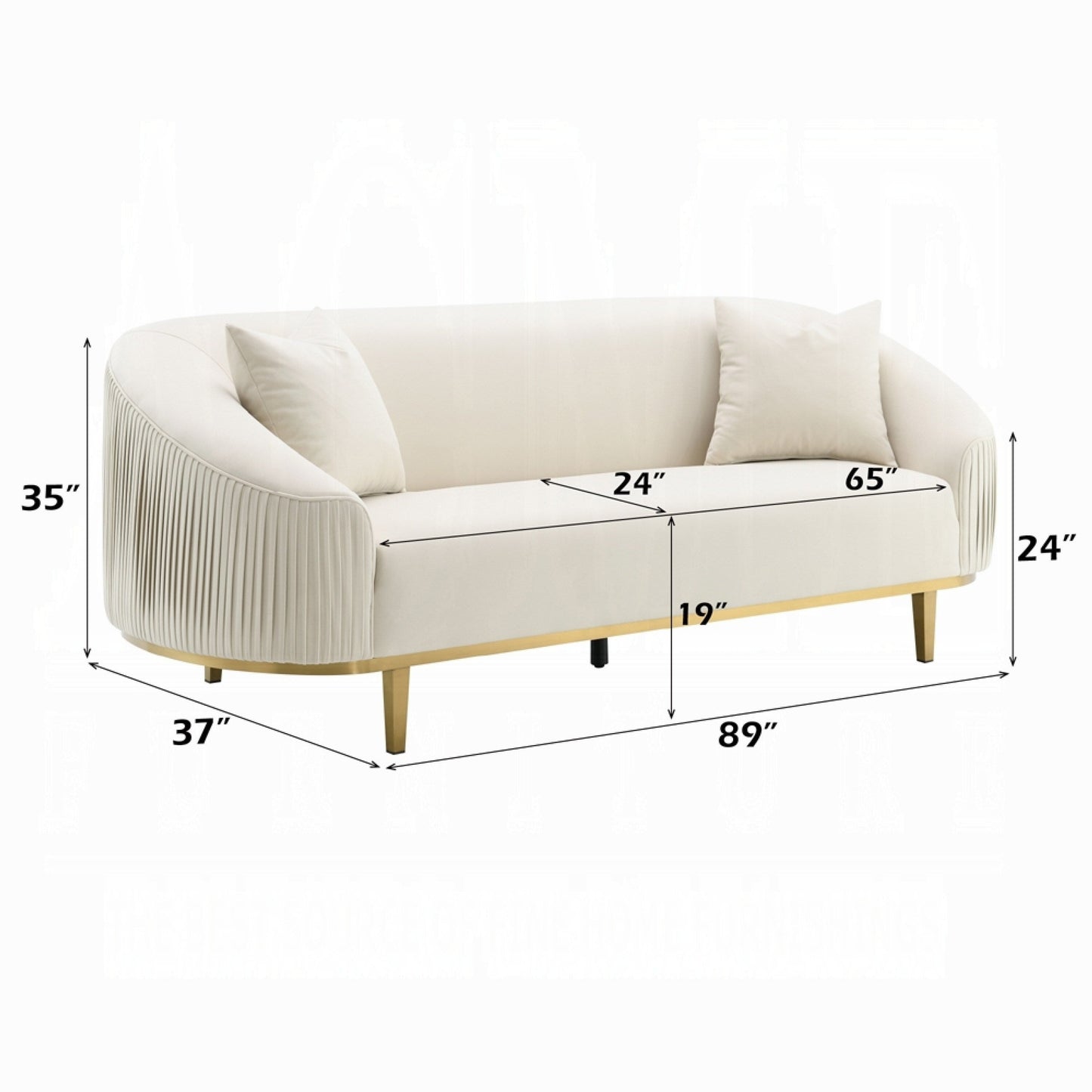 Canapé Artina, 2 coussins décoratifs, velours ivoire, métal doré, 226 cm