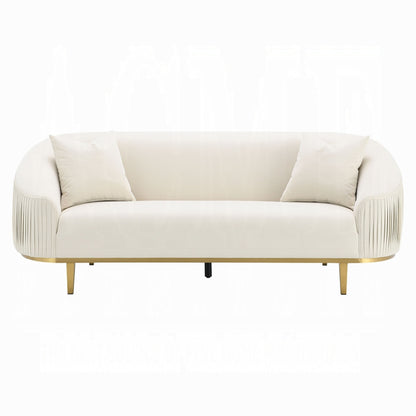 Canapé Artina, 2 coussins décoratifs, velours ivoire, métal doré, 226 cm