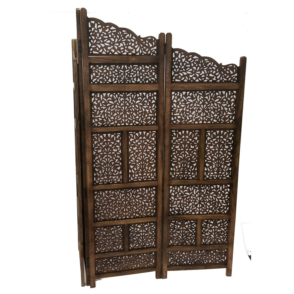 Paravent/séparateur de pièce pliable en bois sculpté à la main Benzara, 4 panneaux, marron