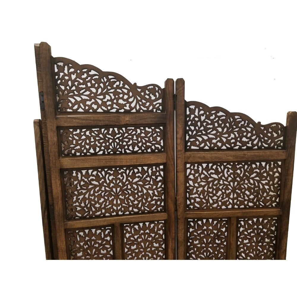 Paravent/séparateur de pièce pliable en bois sculpté à la main Benzara, 4 panneaux, marron