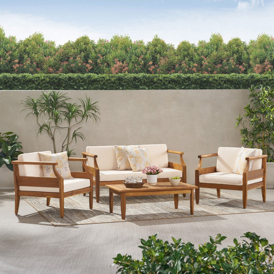 Ensemble de salon de jardin 4 places Aston, style Mid-Century moderne, en acacia, avec coussins, par Christopher Knight Home
