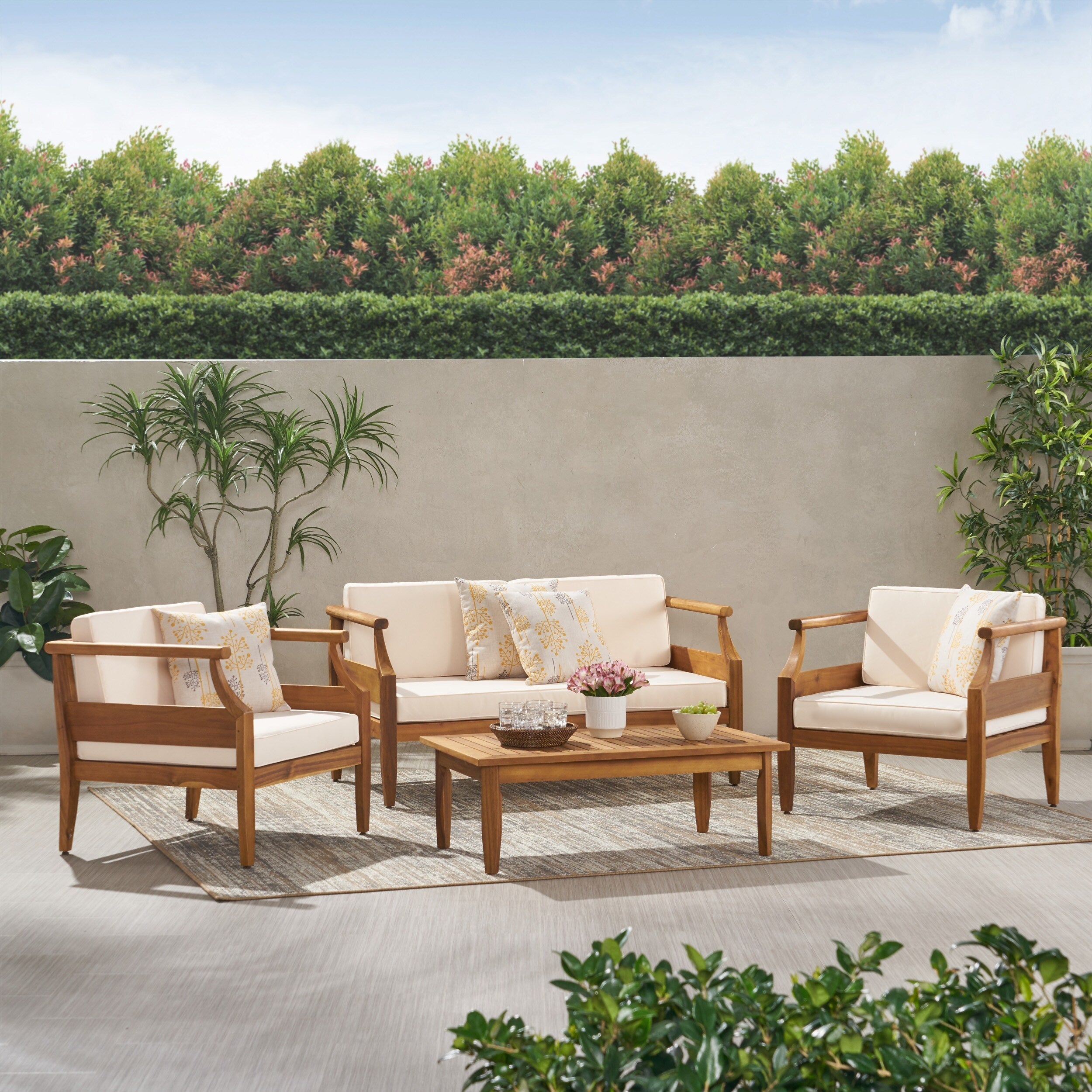 Ensemble de salon de jardin 4 places Aston, style Mid-Century moderne, en acacia, avec coussins, par Christopher Knight Home