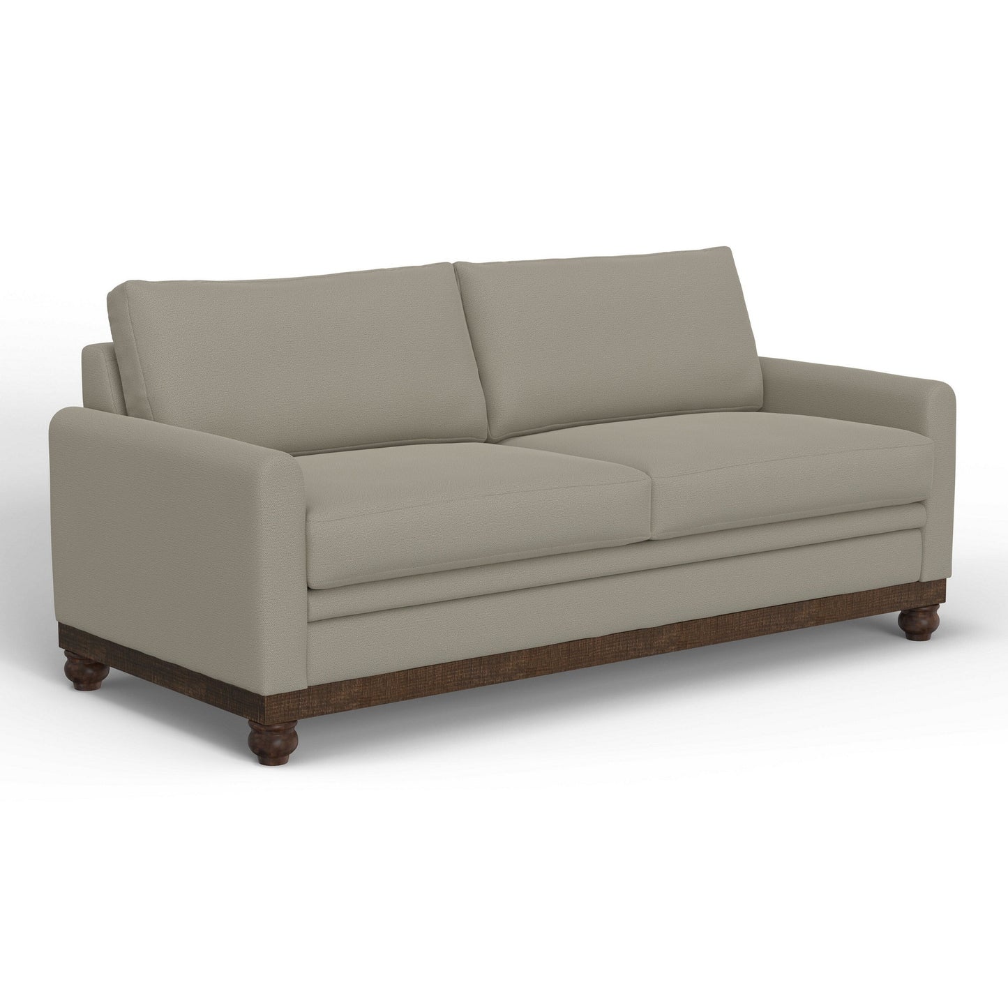 Canapé Ata, polyester gris amande, 2 coussins, bois massif marron, 218 cm