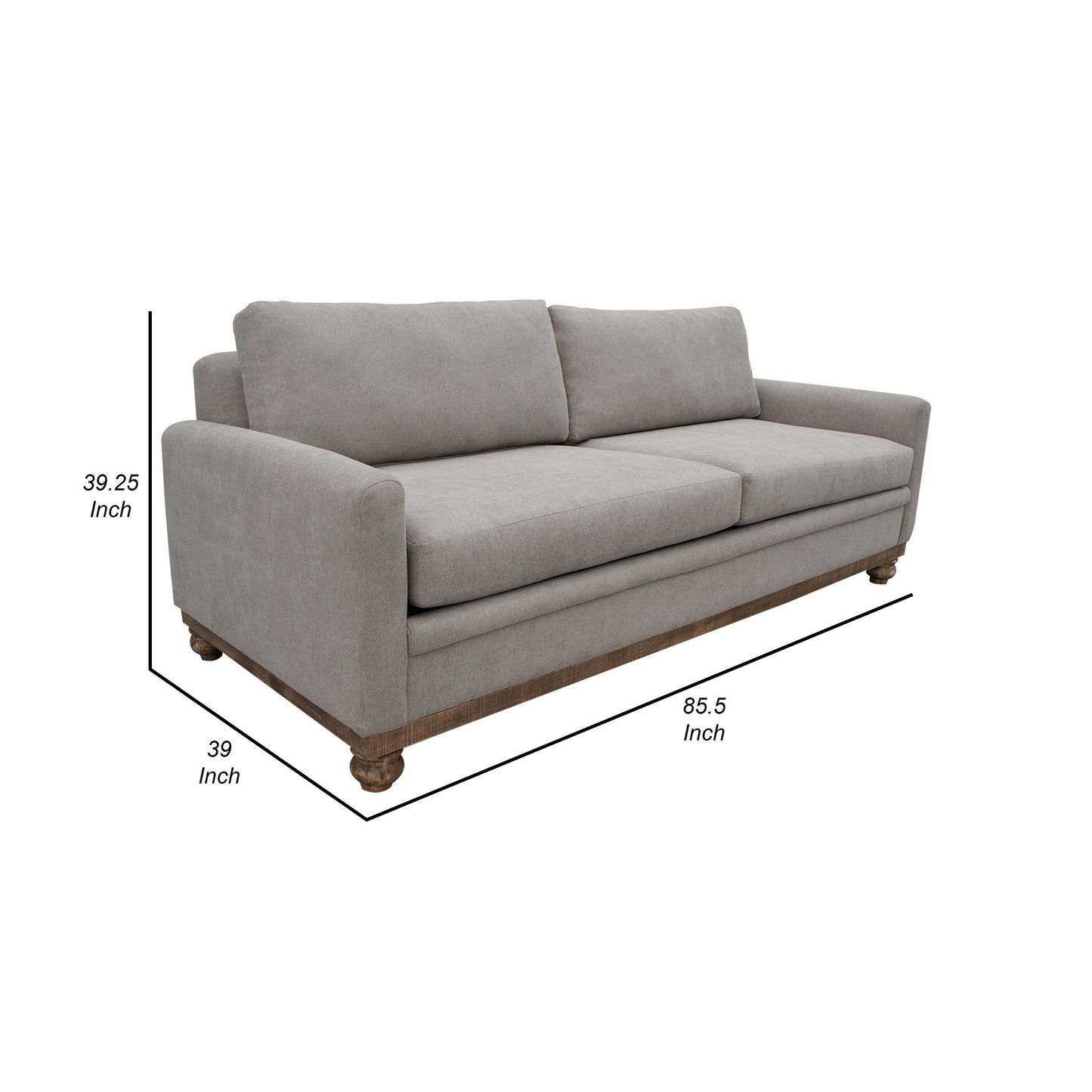 Canapé Ata, polyester gris amande, 2 coussins, bois massif marron, 218 cm