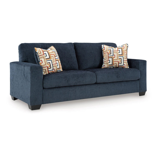 Canapé-lit Queen Avie, 2 coussins décoratifs, polyester bleu marine, 85 pouces