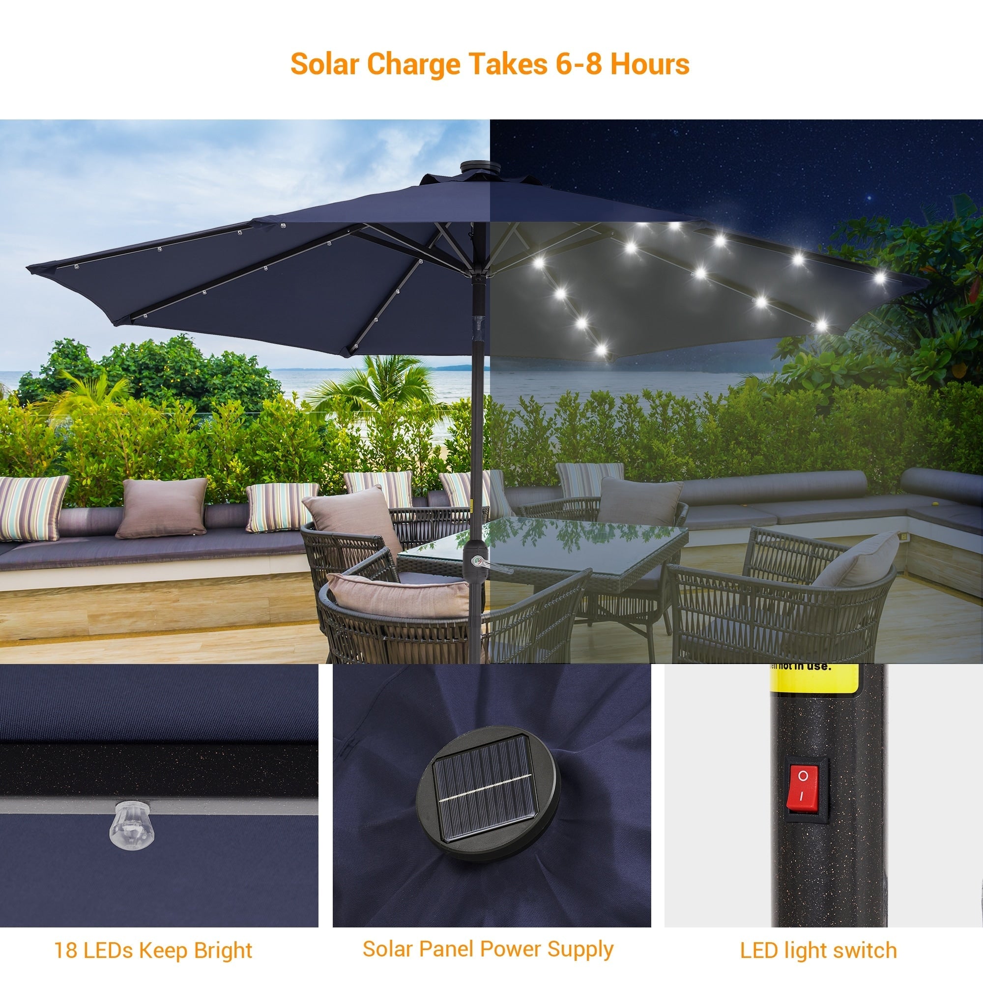 Parasol de marché à LED BONOSUKI de 9 pieds, parasol de table pour terrasse extérieure