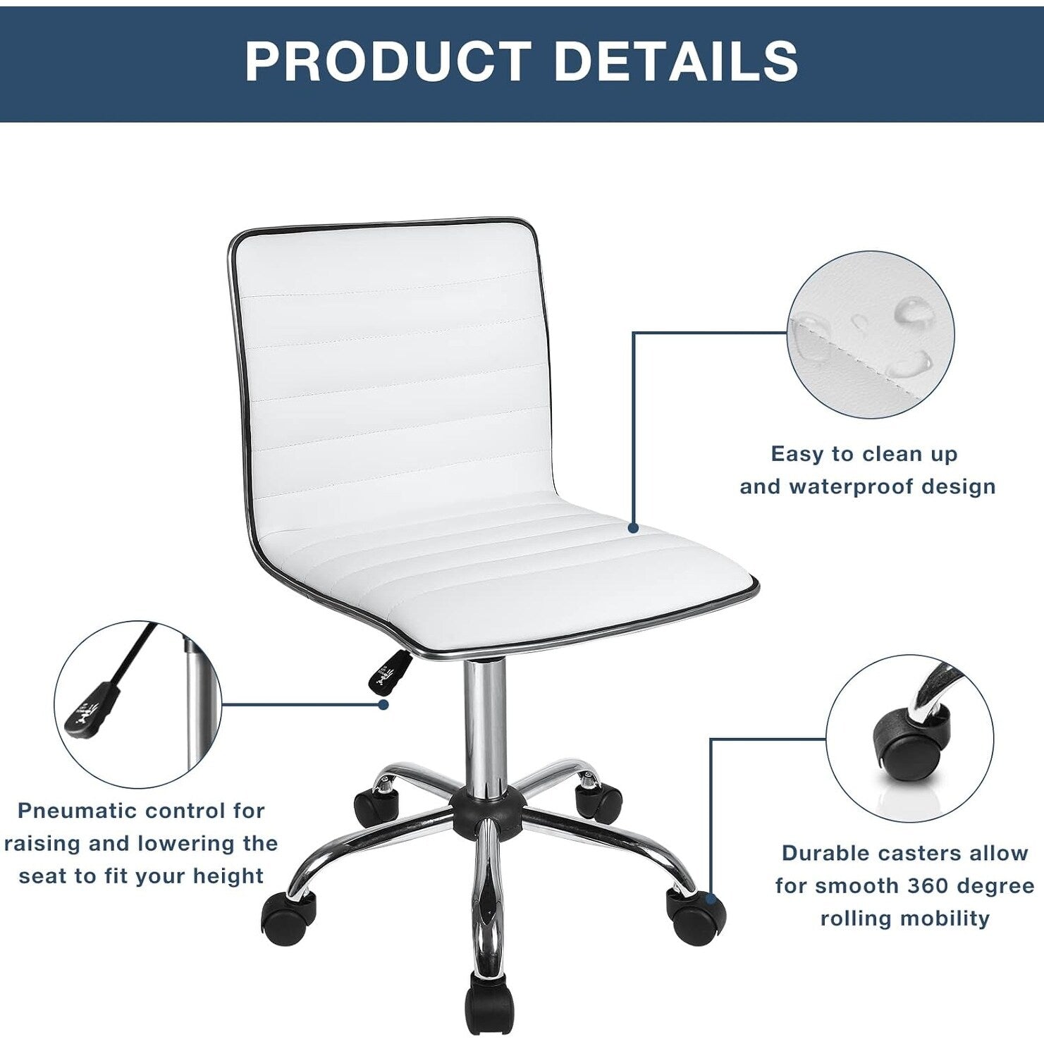 Chaise de bureau réglable Bossin, chaise de travail pivotante à dossier moyen sans accoudoirs, chaise de coiffeuse pour petit espace, maquillage de salon