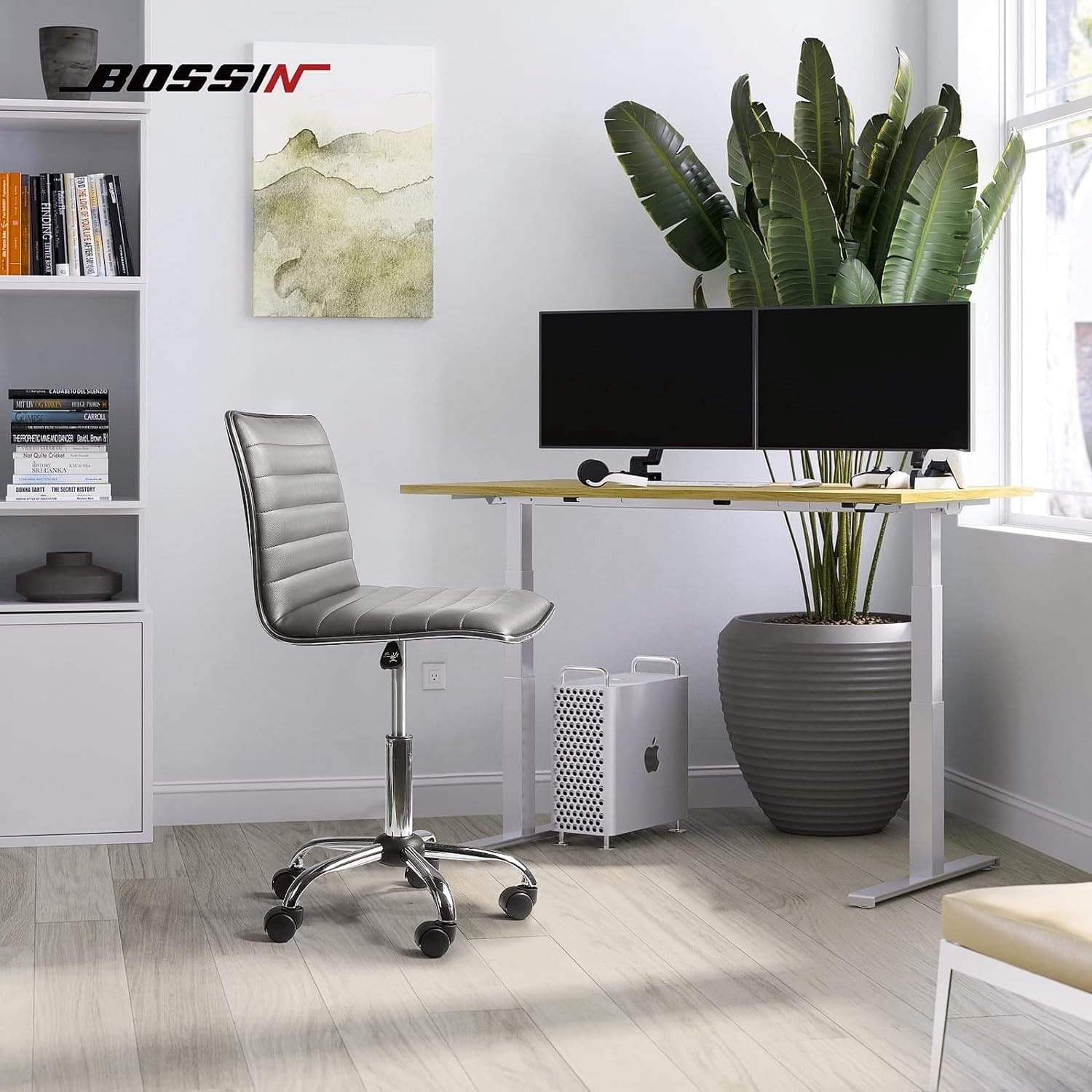Chaise de bureau réglable Bossin, chaise de travail pivotante à dossier moyen sans accoudoirs, chaise de coiffeuse pour petit espace, maquillage de salon