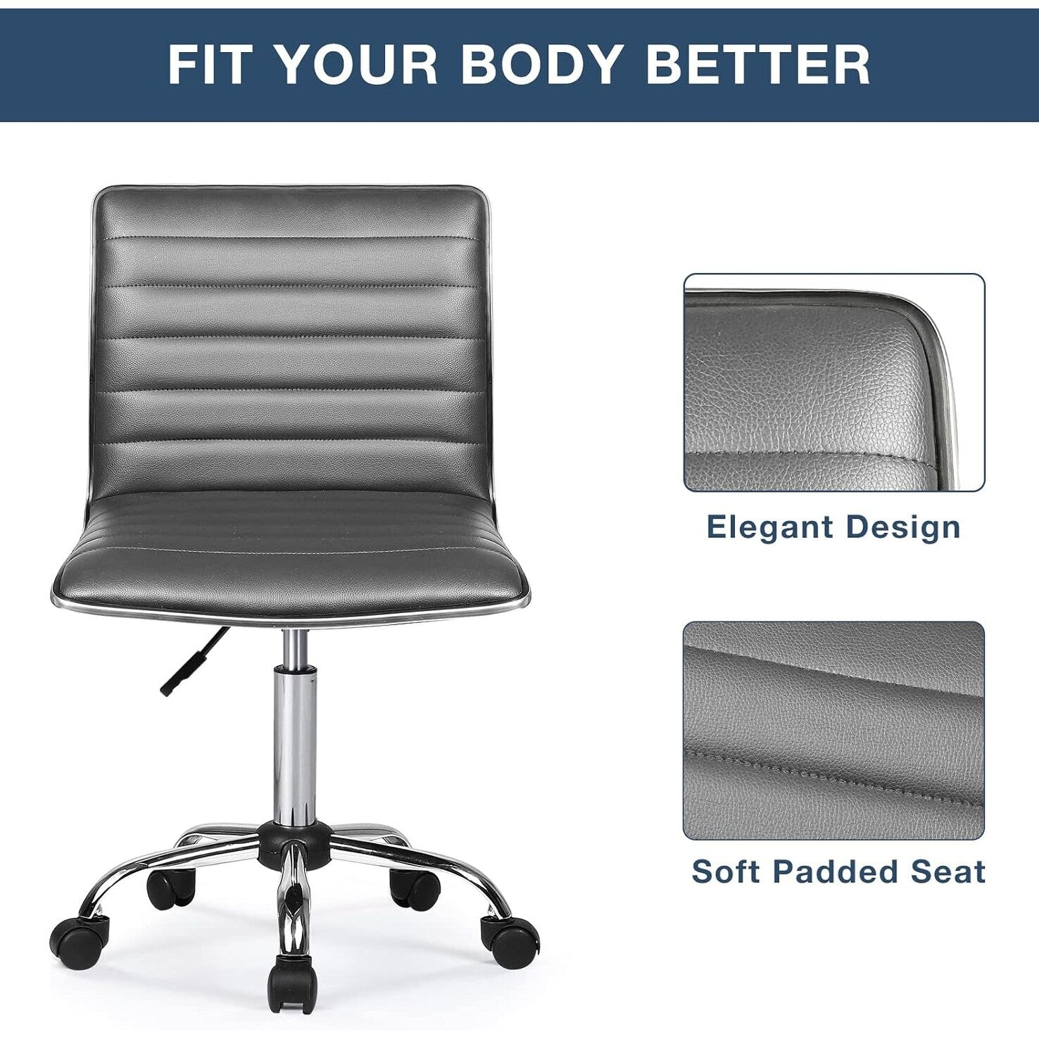 Chaise de bureau réglable Bossin, chaise de travail pivotante à dossier moyen sans accoudoirs, chaise de coiffeuse pour petit espace, maquillage de salon
