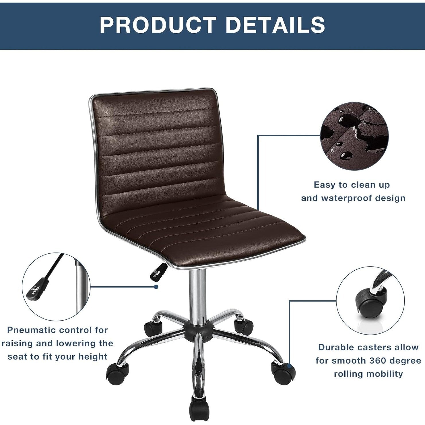 Chaise de bureau réglable Bossin, chaise de travail pivotante à dossier moyen sans accoudoirs, chaise de coiffeuse pour petit espace, maquillage de salon
