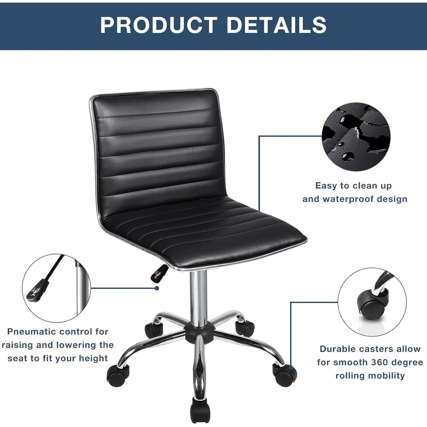 Chaise de bureau réglable Bossin, chaise de travail pivotante à dossier moyen sans accoudoirs, chaise de coiffeuse pour petit espace, maquillage de salon