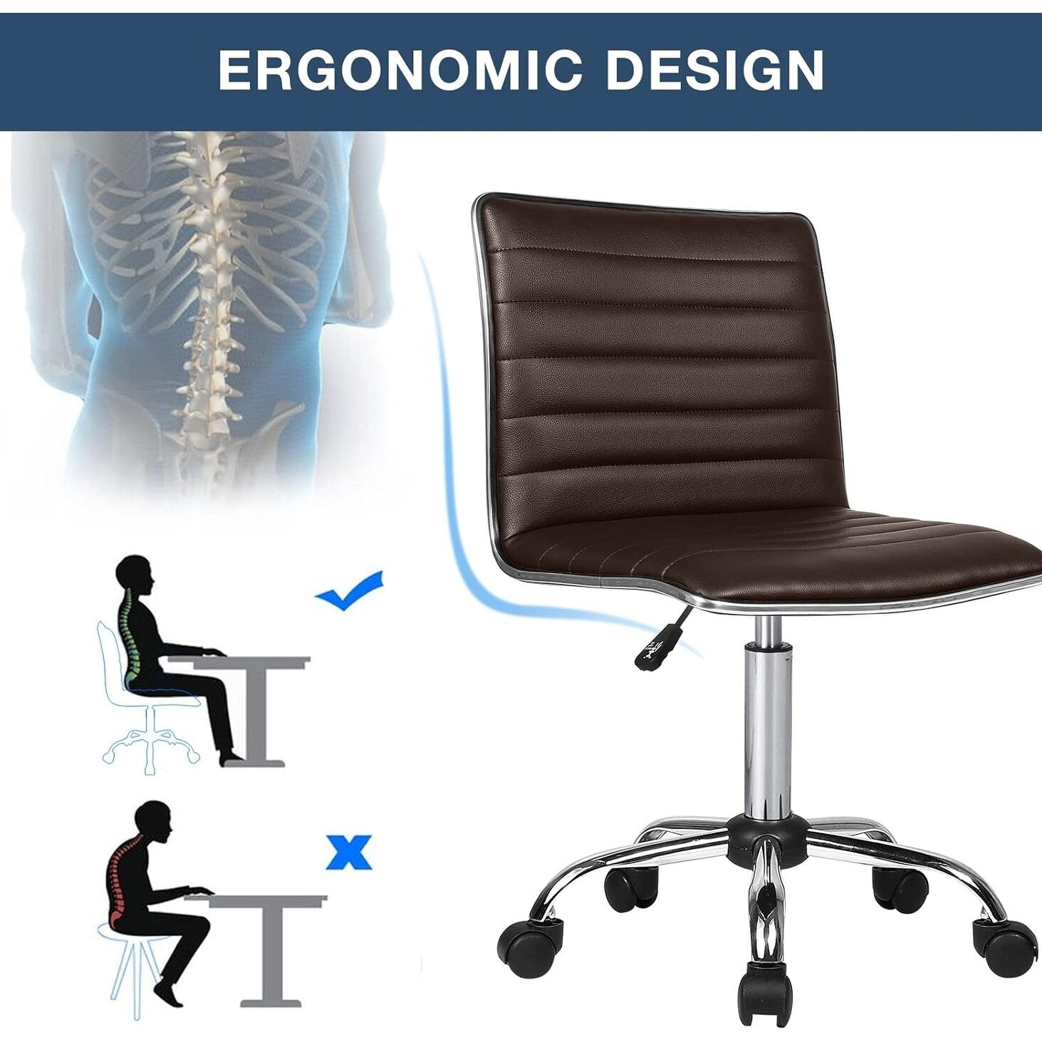 Chaise de bureau réglable Bossin, chaise de travail pivotante à dossier moyen sans accoudoirs, chaise de coiffeuse pour petit espace, maquillage de salon