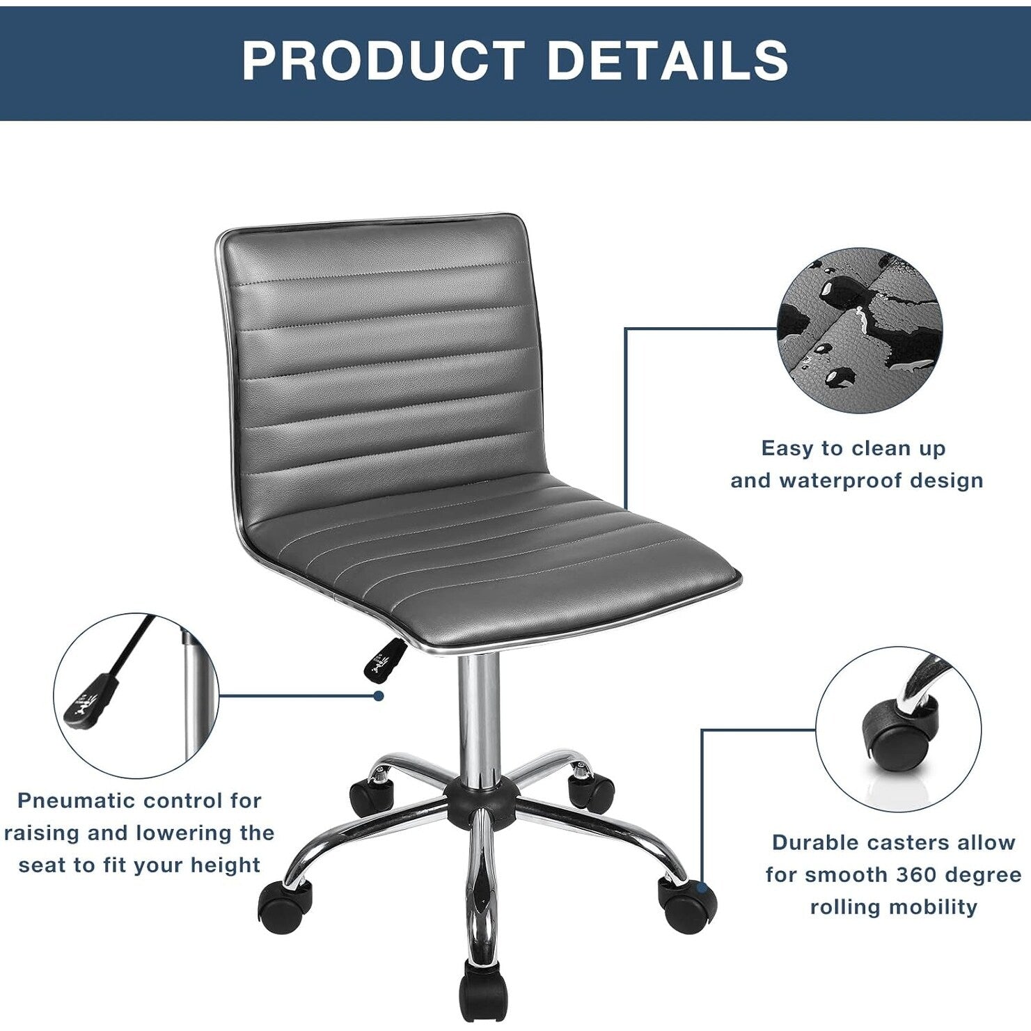 Chaise de bureau réglable Bossin, chaise de travail pivotante à dossier moyen sans accoudoirs, chaise de coiffeuse pour petit espace, maquillage de salon