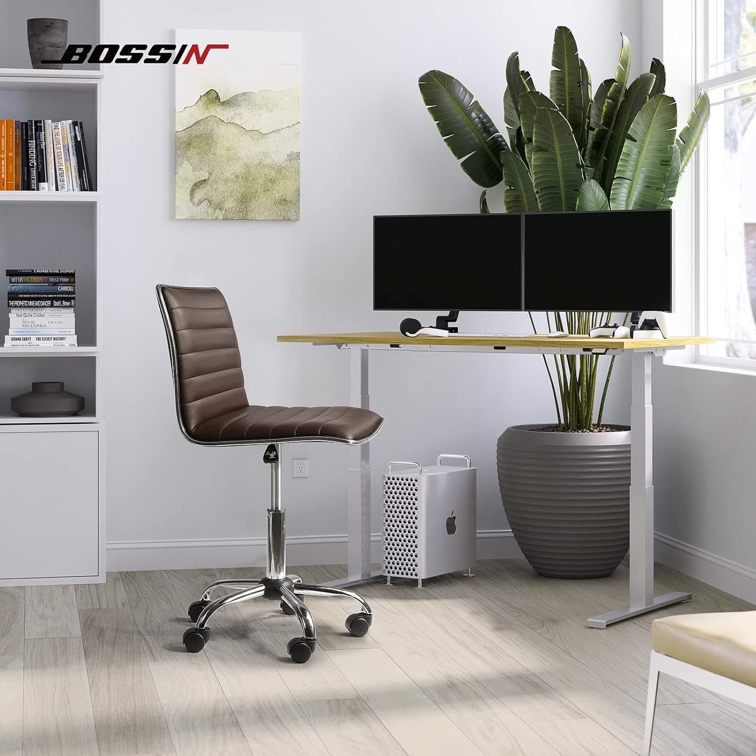 Chaise de bureau réglable Bossin, chaise de travail pivotante à dossier moyen sans accoudoirs, chaise de coiffeuse pour petit espace, maquillage de salon