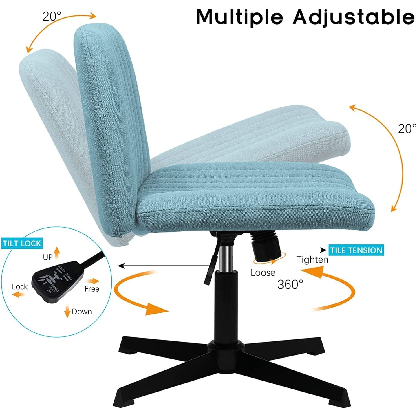 Chaise de bureau BOSSIN Criss Cross sans accoudoirs, sans roulettes, chaise de vanité pivotante moderne rembourrée en tissu