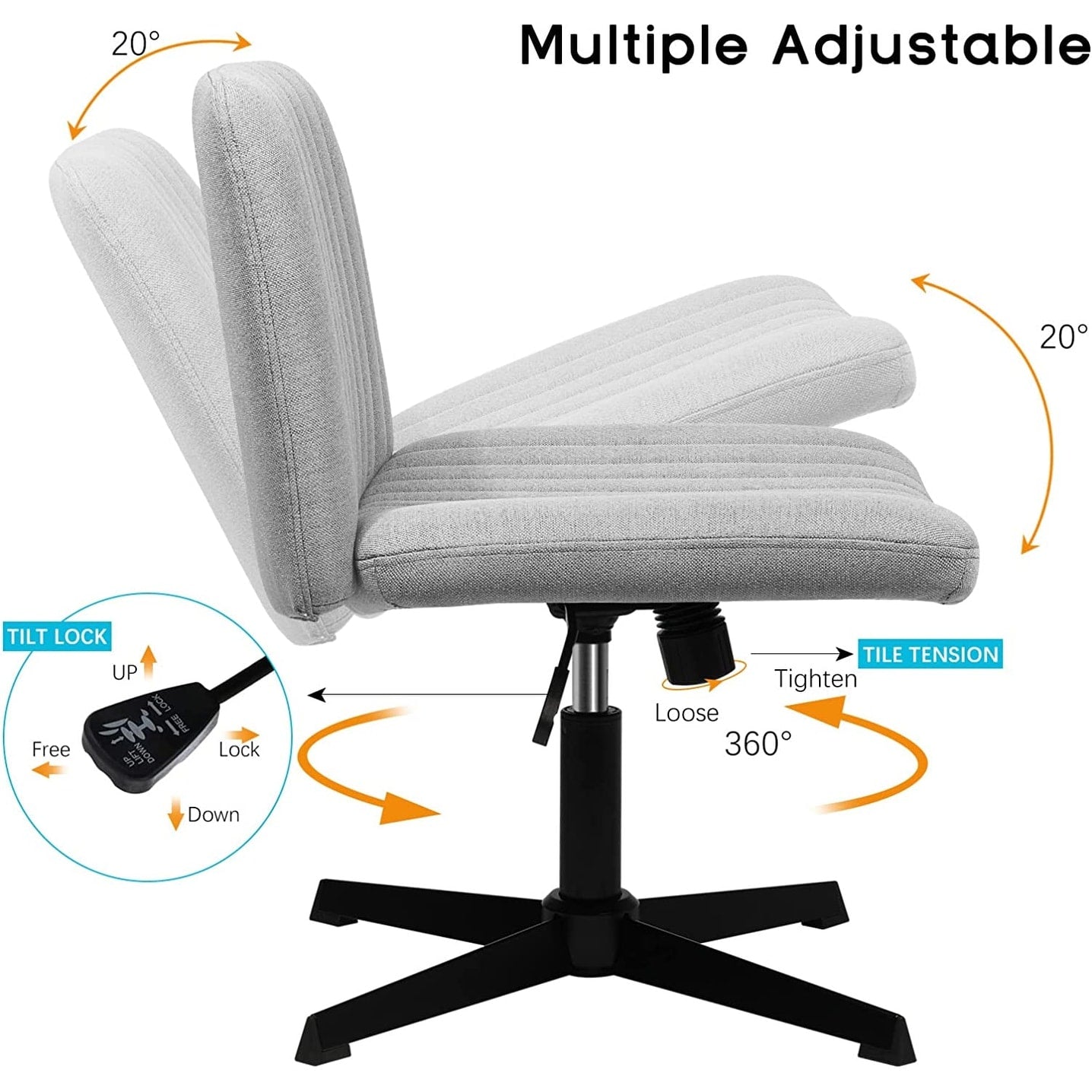 Chaise de bureau BOSSIN Criss Cross sans accoudoirs, sans roulettes, chaise de vanité pivotante moderne rembourrée en tissu