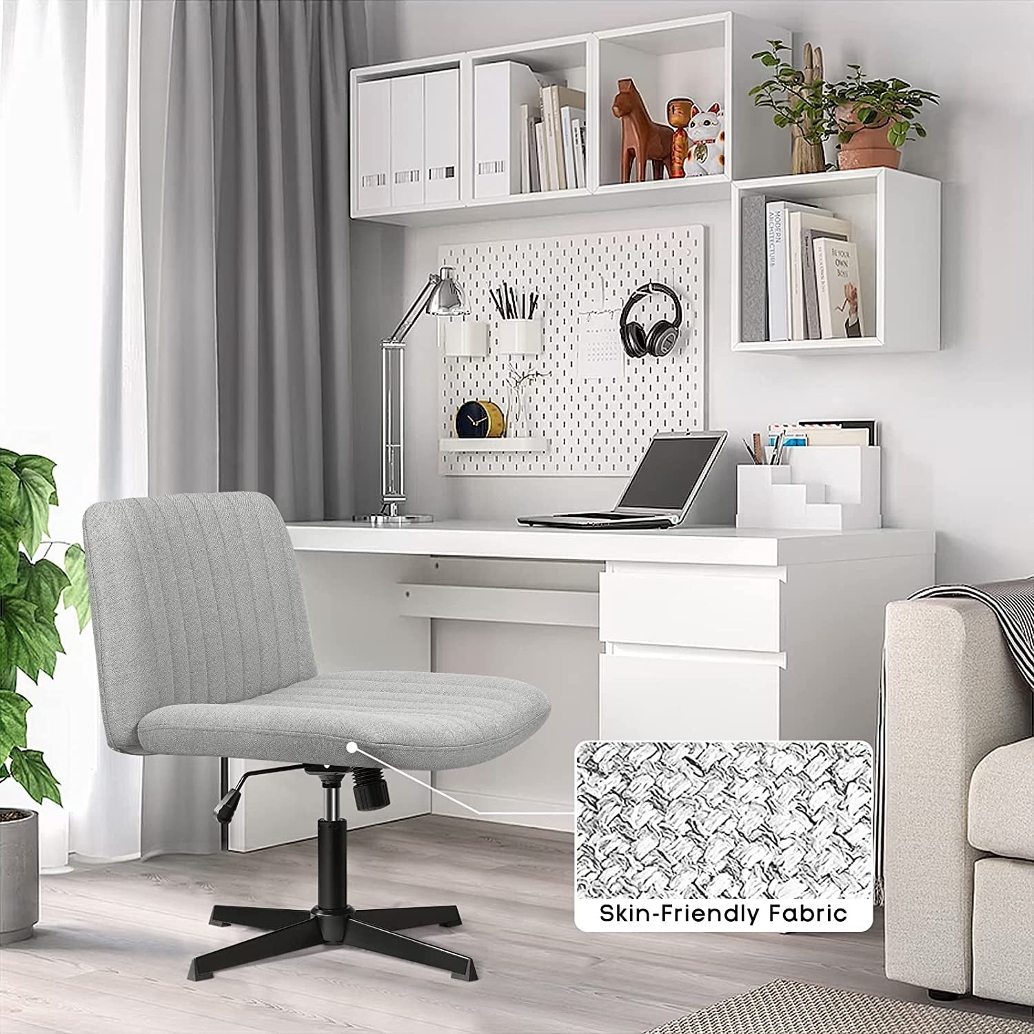 Chaise de bureau BOSSIN Criss Cross sans accoudoirs, sans roulettes, chaise de vanité pivotante moderne rembourrée en tissu