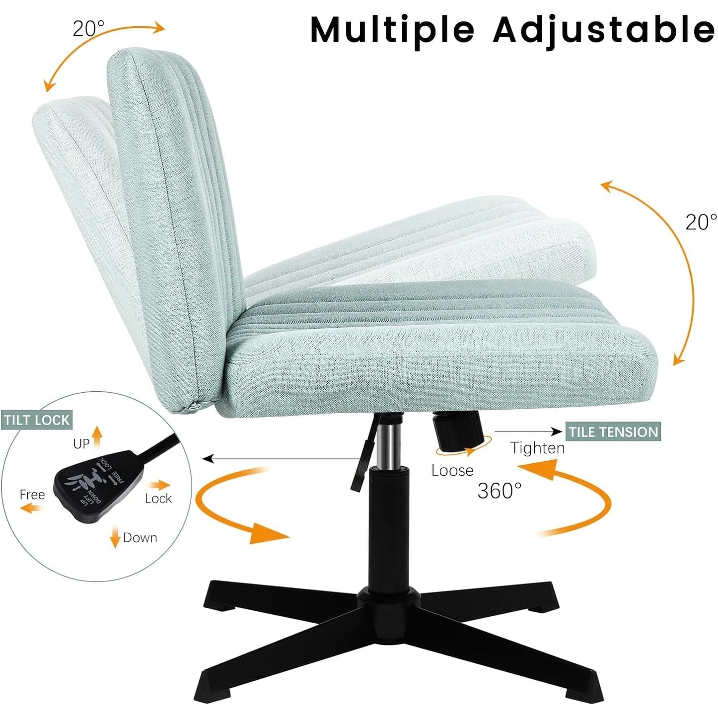 Chaise de bureau BOSSIN Criss Cross sans accoudoirs, sans roulettes, chaise de vanité pivotante moderne rembourrée en tissu