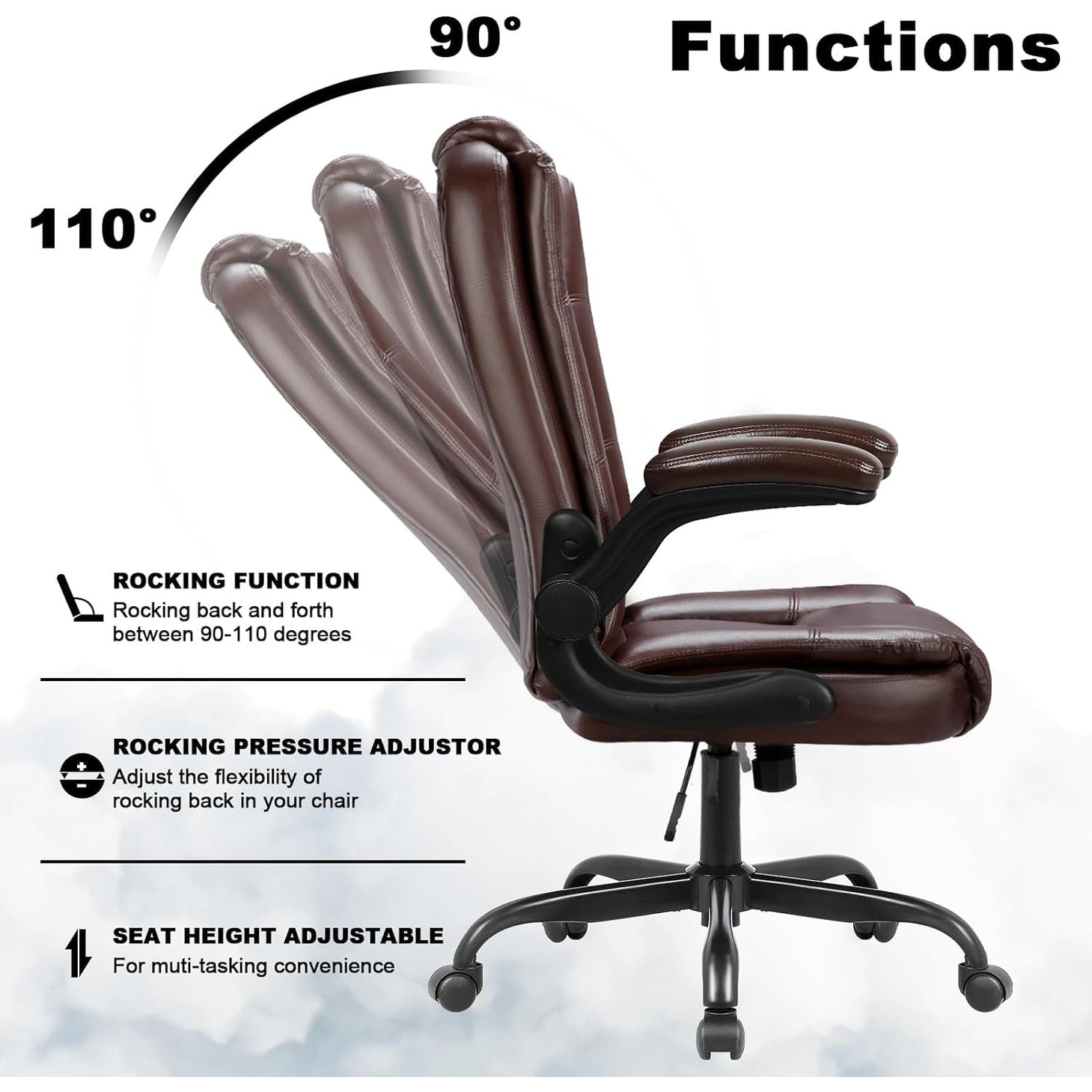 Chaise de bureau ergonomique Bossin pour grandes et grandes tailles, dossier haut, hauteur réglable, en cuir, avec accoudoirs rembourrés et rabattables