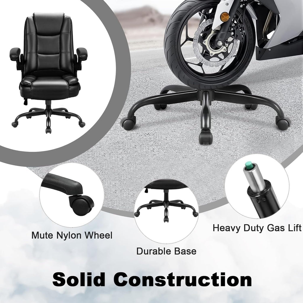 Chaise de bureau ergonomique Bossin pour grandes et grandes tailles, dossier haut, hauteur réglable, en cuir, avec accoudoirs rembourrés et rabattables