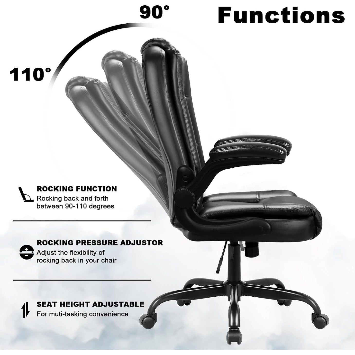 Chaise de bureau ergonomique Bossin pour grandes et grandes tailles, dossier haut, hauteur réglable, en cuir, avec accoudoirs rembourrés et rabattables