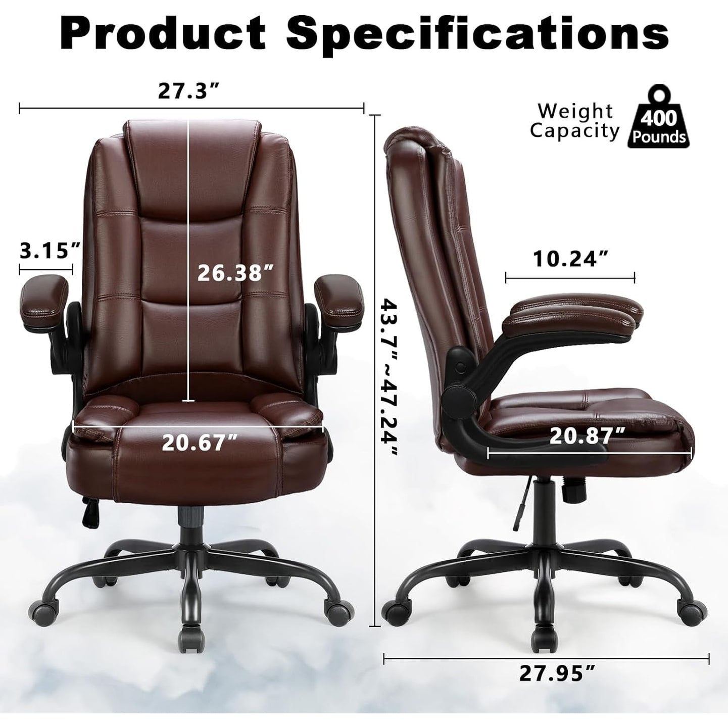 Chaise de bureau ergonomique Bossin pour grandes et grandes tailles, dossier haut, hauteur réglable, en cuir, avec accoudoirs rembourrés et rabattables