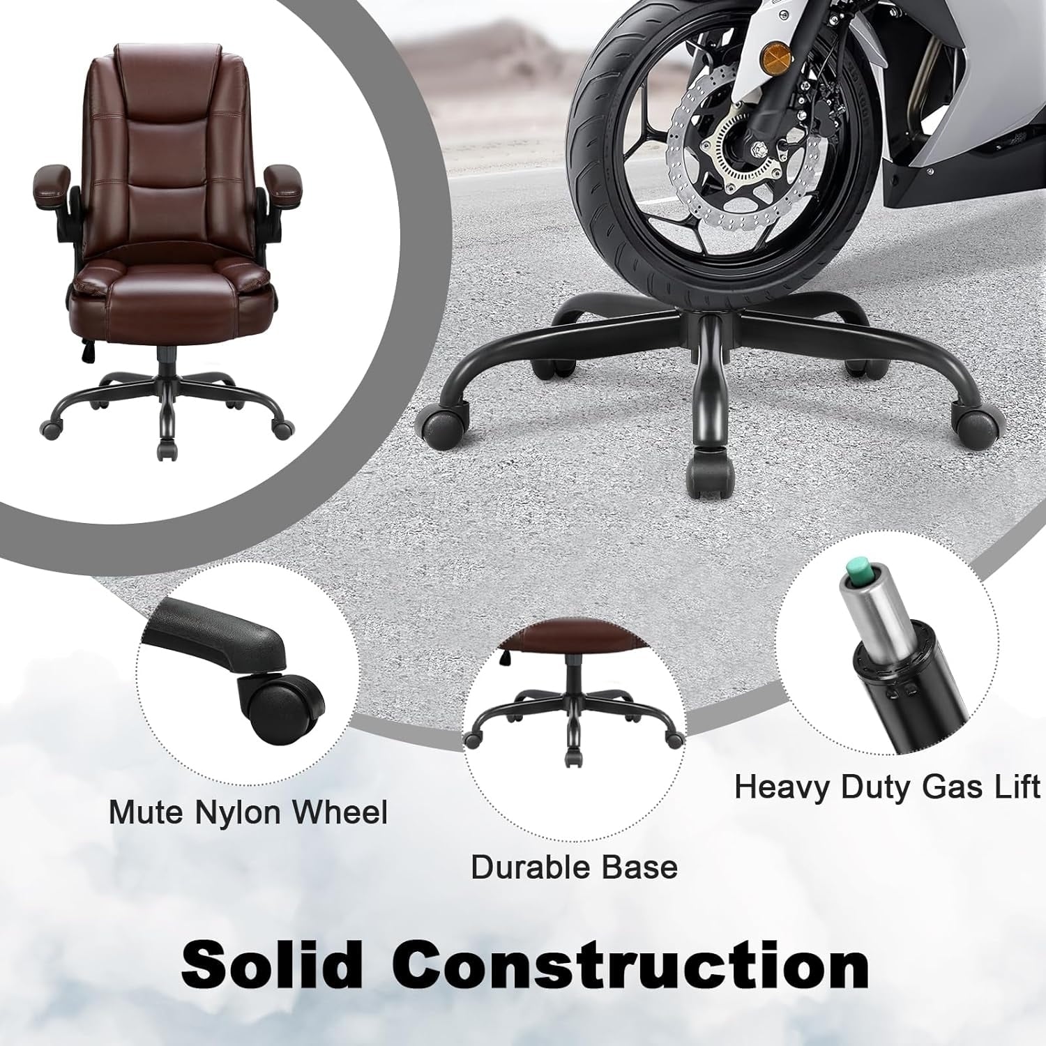Chaise de bureau ergonomique Bossin pour grandes et grandes tailles, dossier haut, hauteur réglable, en cuir, avec accoudoirs rembourrés et rabattables