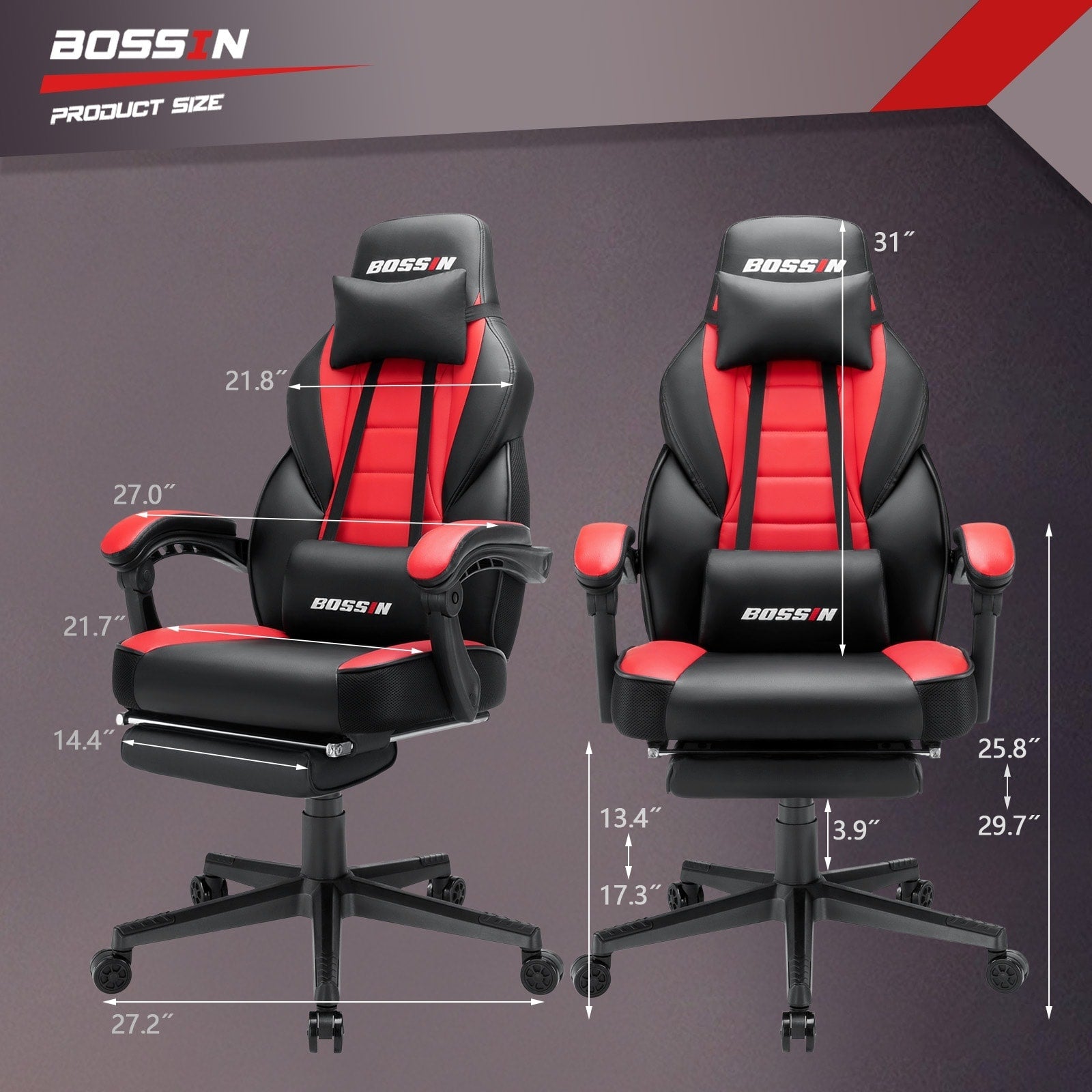 Chaise de jeu de style course BOSSIN, chaise de jeu grande et grande de 300 lb, chaise d'ordinateur à dossier haut