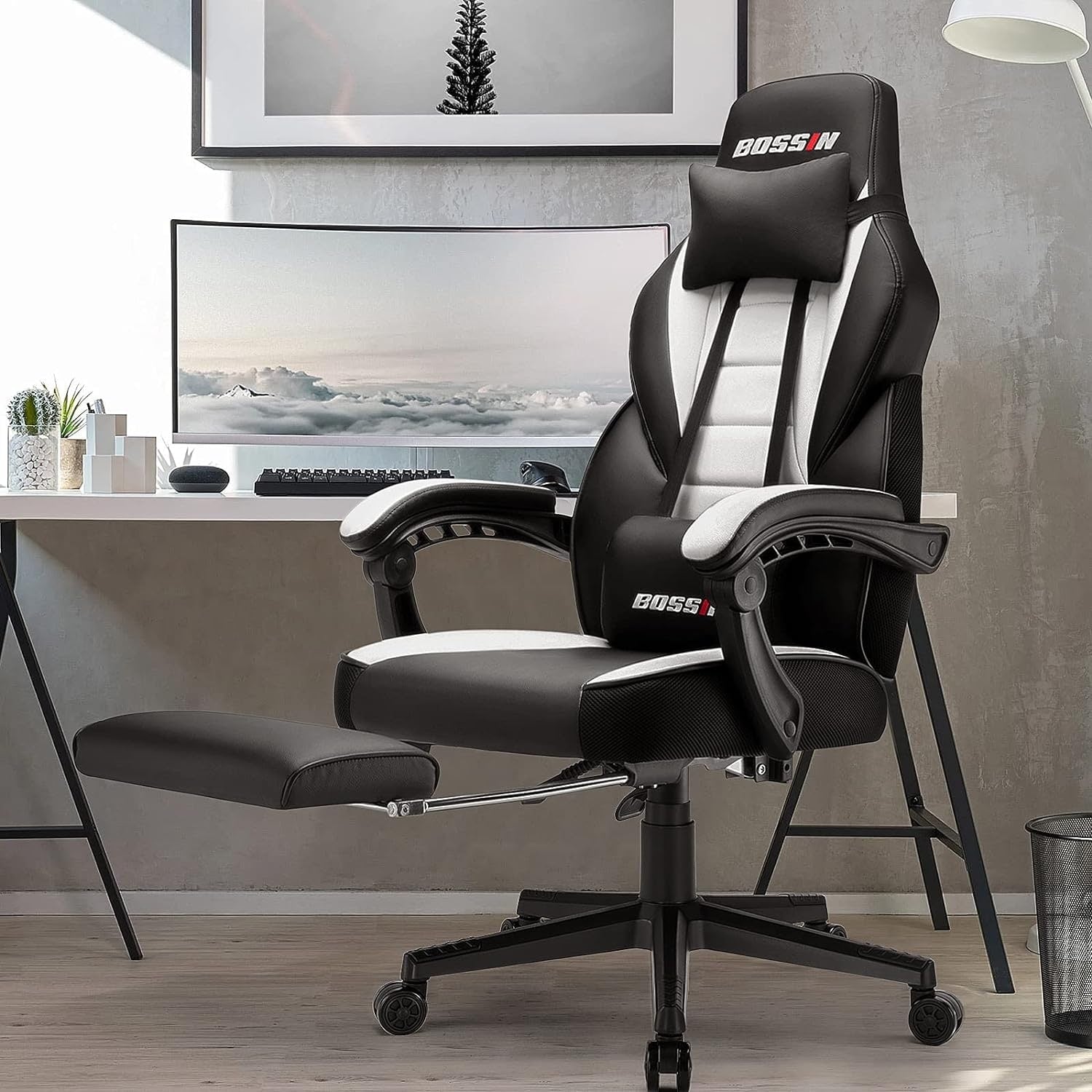 Chaise de jeu de style course BOSSIN, chaise de jeu grande et grande de 300 lb, chaise d'ordinateur à dossier haut