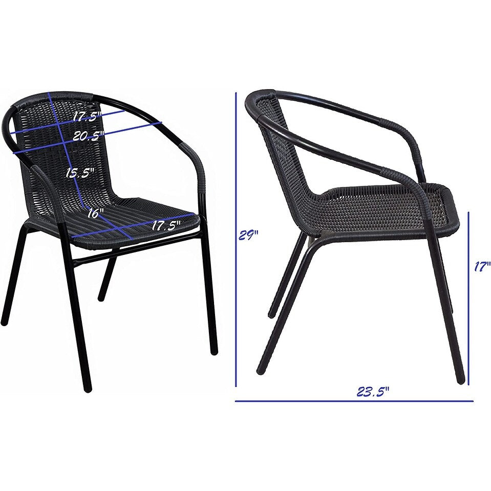 Table carrée en verre trempé BTEXPERT pour intérieur et extérieur, 28 po, avec garniture en rotin noir et 3 chaises empilables en rotin noir pour restaurant