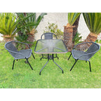 Table carrée en verre trempé BTEXPERT pour intérieur et extérieur, 28 po, avec garniture en rotin noir et 3 chaises empilables en rotin noir pour restaurant