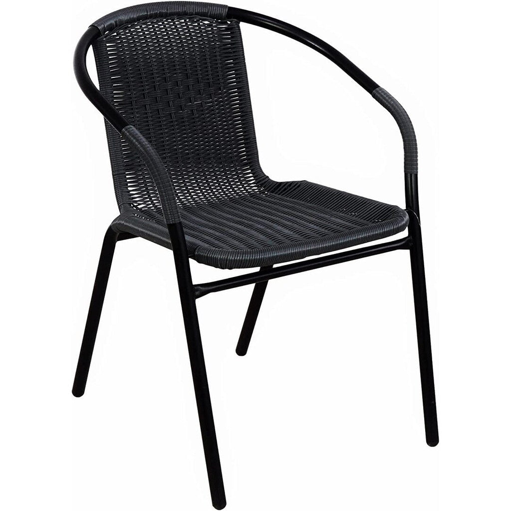 Table carrée en verre trempé BTEXPERT pour intérieur et extérieur, 28 po, avec garniture en rotin noir et 3 chaises empilables en rotin noir pour restaurant
