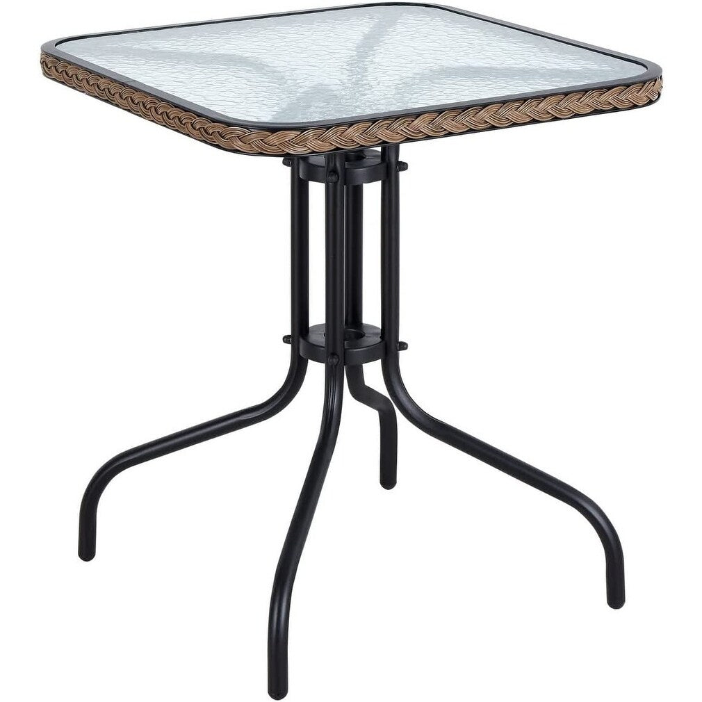 Table carrée en verre trempé BTEXPERT pour intérieur et extérieur, 28 po, avec garniture en rotin noir et 3 chaises empilables en rotin noir pour restaurant