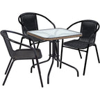 Table carrée en verre trempé BTEXPERT pour intérieur et extérieur, 28 po, avec garniture en rotin noir et 3 chaises empilables en rotin noir pour restaurant