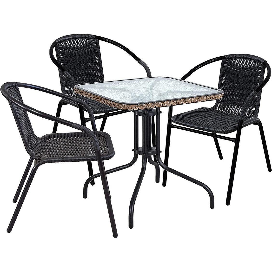 Table carrée en verre trempé BTEXPERT pour intérieur et extérieur, 28 po, avec garniture en rotin noir et 3 chaises empilables en rotin noir pour restaurant