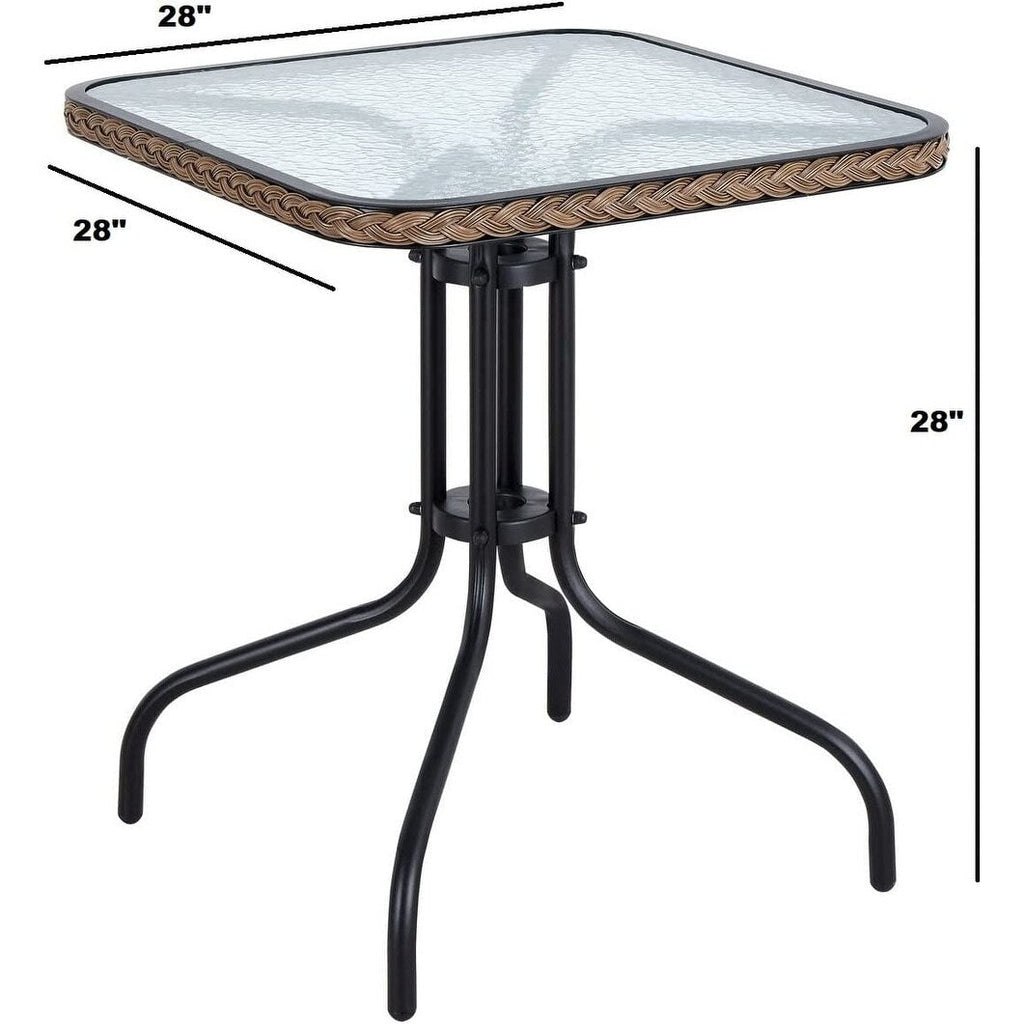 Table carrée en verre trempé BTEXPERT pour intérieur et extérieur, 28 po, avec garniture en rotin noir et 3 chaises empilables en rotin noir pour restaurant